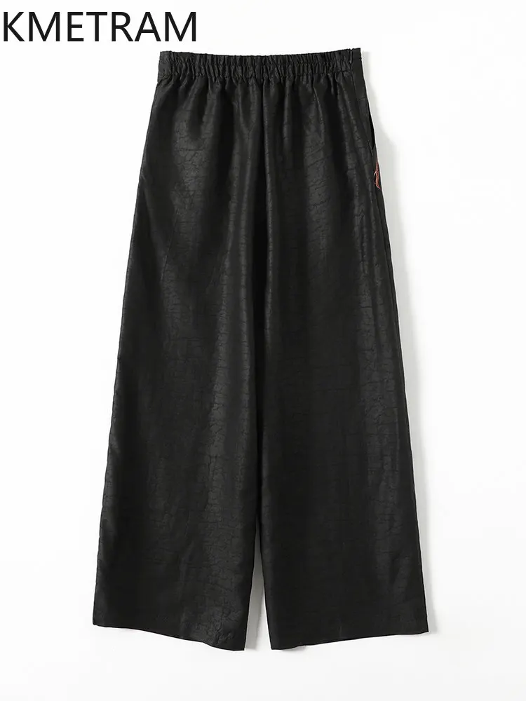 KMETRAM 100% Real Mulberry Silk Women Pants 2026 Summer High Waist Elastic Waist Long Wide Leg Pants Female Clothes Ropa Mujer