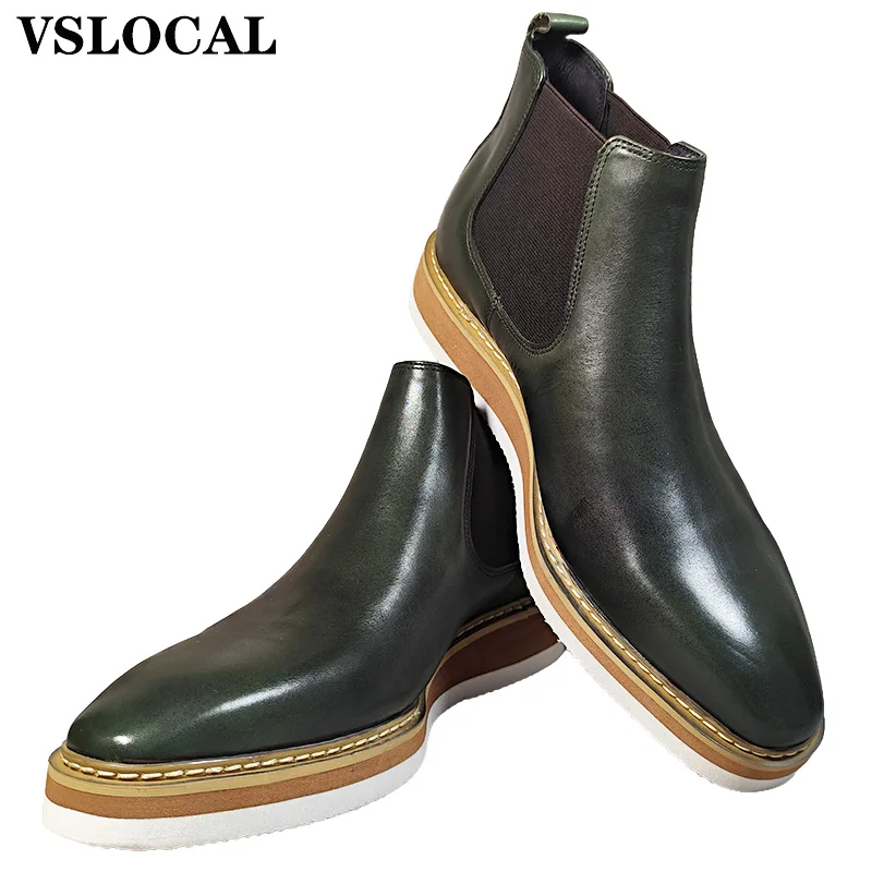 

Genuine Leather Men's Chelsea Boots Slip-on Elastic Band High Top Ankle Boots British Style Mens Casual Dress Boot Men