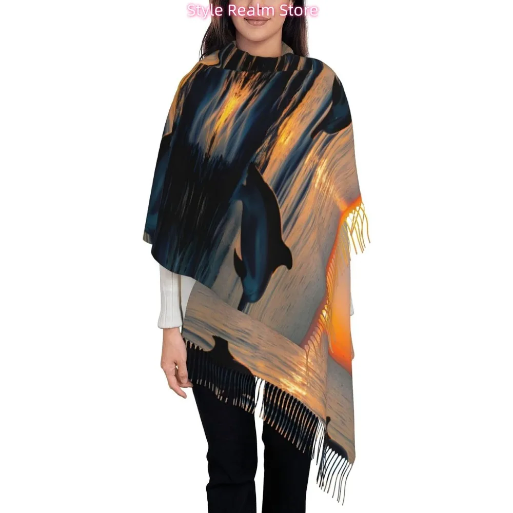Sunset Dolphins Print Polyester Scarf Breathable Fashion Accessory For Travel And Everyday Wear