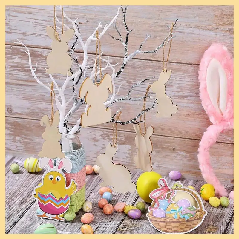 72PCS Easter Wood Bunny Cutouts Set Unfinished Wooden  Cutouts Blank Bunny Shape Slices Hanging Ornament Craft Tags Set