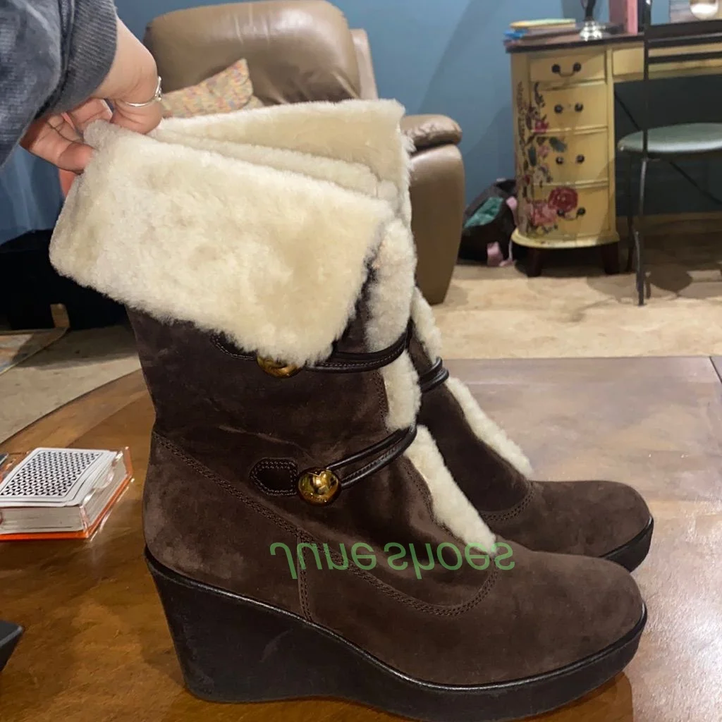 

Lady Suede Fur Fall Vintage Runway Combat Calf Boots Pleated Wedgesheel Suede Platform Knee Boots Warm Winter Dress Boots Size