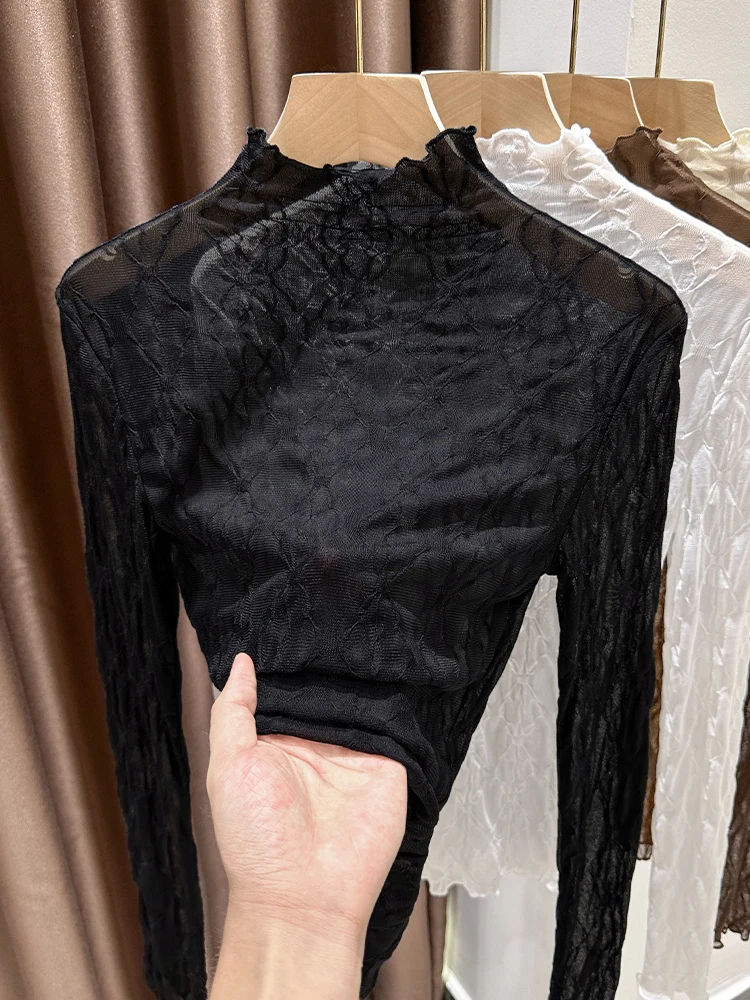 

Женская облегающая кружевная блузка Ele High Ne для осени и зимы, модная нижняя одежда, полупрозрачный базовый топ