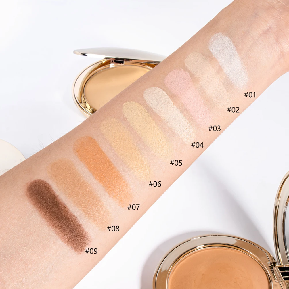 Correcteur de marque privée 9 couleurs, poudre pressée, Logo personnalisé, paquet doré, poudre de réglage, maquillage éclaircissant longue durée, contrôle de l'huile