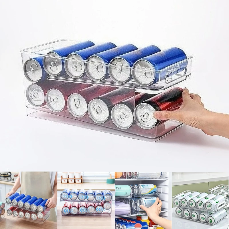 

New Soda Storage Cans Dispenser Boxes with Fridge Organizer Bins for Refrigerator Freezer Organization Kitchen Accessories Set