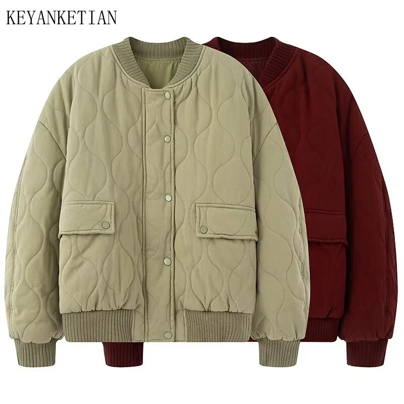 

KEYANKETIAN Winter New Women's Clothing Concealed Button Placket Zipper Long Sleeved Loose Pilot Jacket Cotton Jacket Women