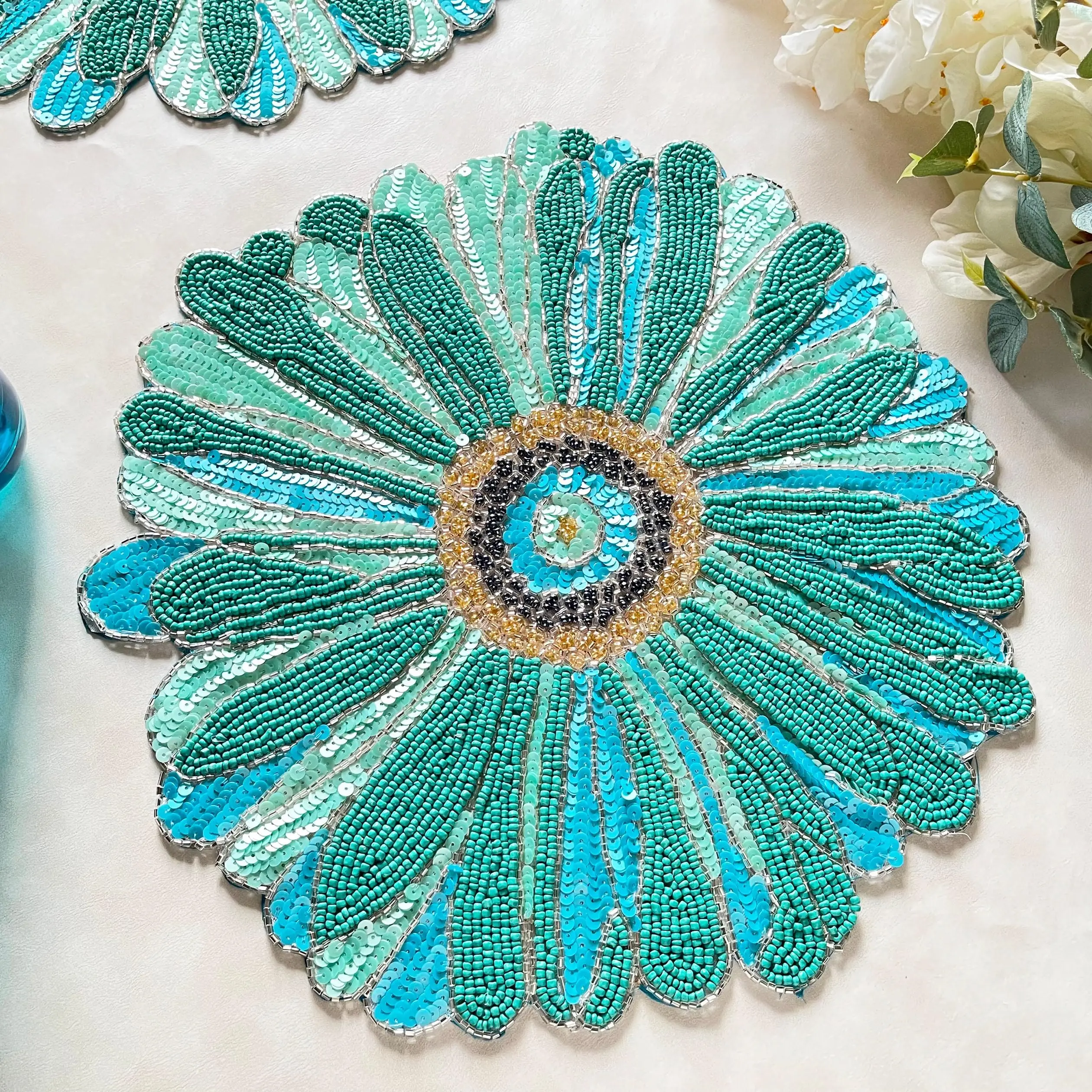 Handmade Beaded placemat, Floral tablemat, 14 inch, Charger Plate | Set of 2