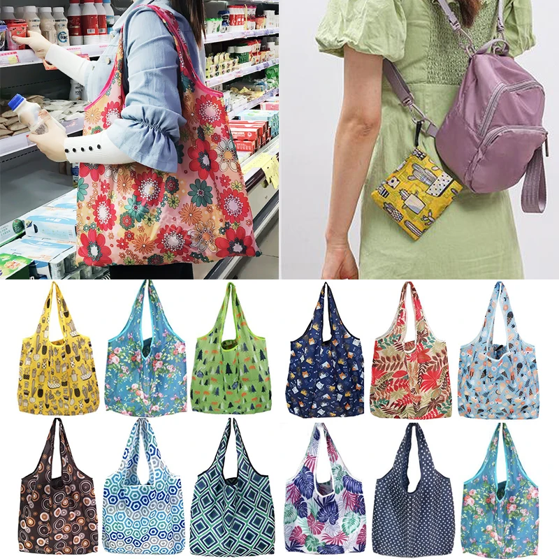 Fashion Printing Foldable Eco-Friendly Shopping Bag Tote Folding Pouch Handbags Convenient Large-capacity for Travel Grocery Bag