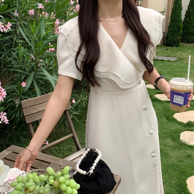 Vestido longo vintage embrulhado feminino, vestido de verão feminino, dupla camada, colarinho com babados, laço, cintura fina, verão, novo, 2024