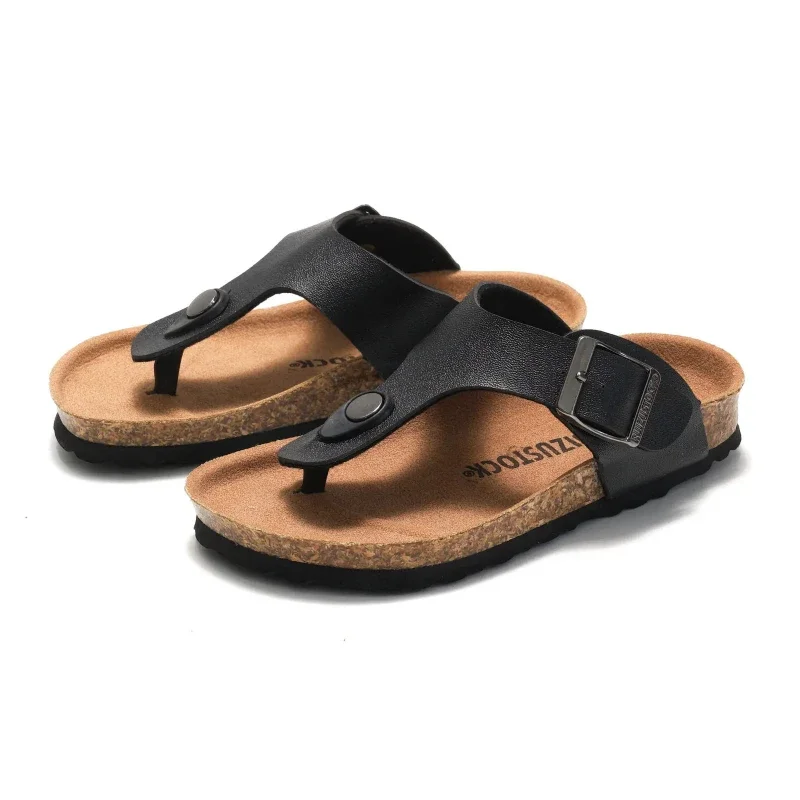 

Children Spring Summer New Buckle Fashion Leather Clip Toe Slippers Girl Simple Cork Slippers Boy Comfortable Vintage Kids Shoes