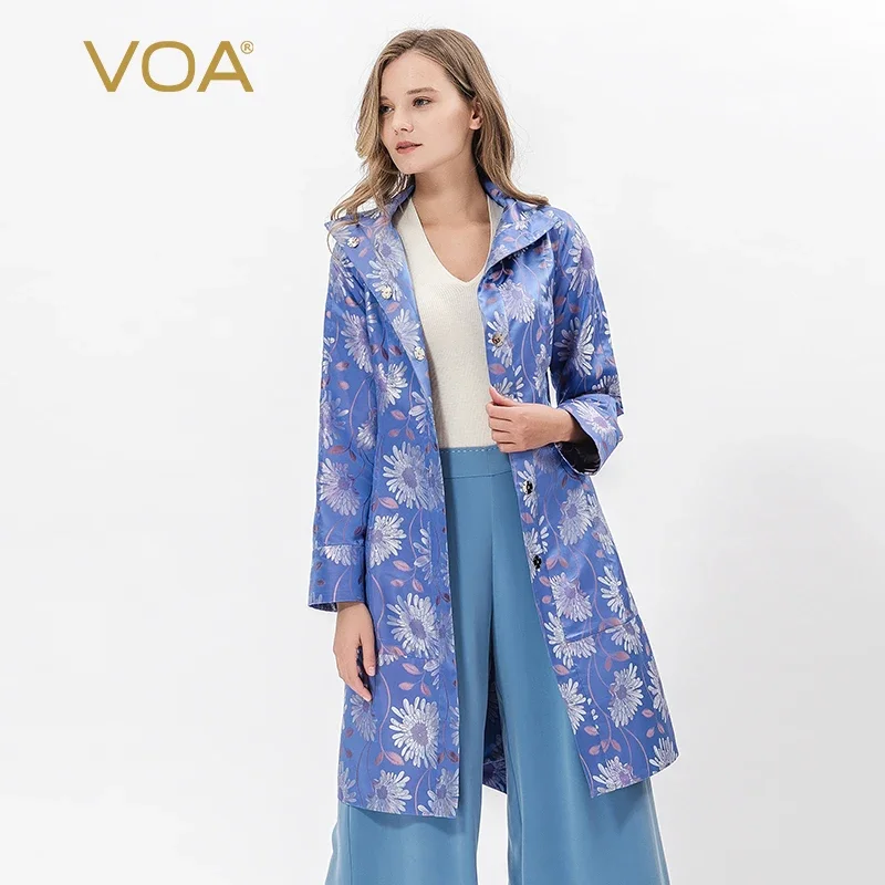 VOA Silk Jacquard Trench Coat Women Floral Printed Belt Vintage Rococo Elegant Ladies Windbreaker Long Sleeve Outerwear F307