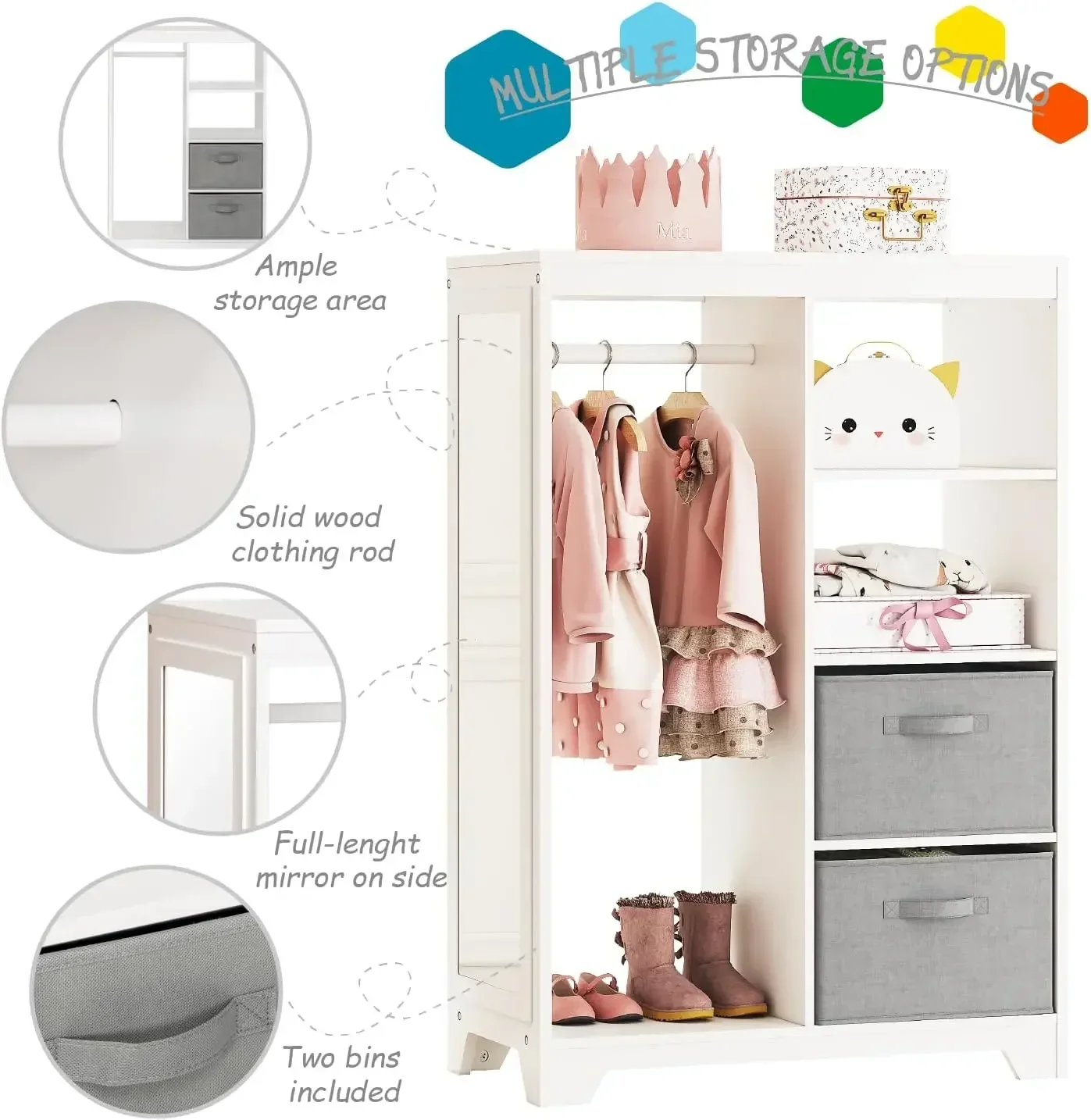 Rangement Kiev illage pour enfants avec miroir pleine longueur, armoire pour enfants avec 2 bacs de rangement, armoire de costume d'ouverture pour enfant