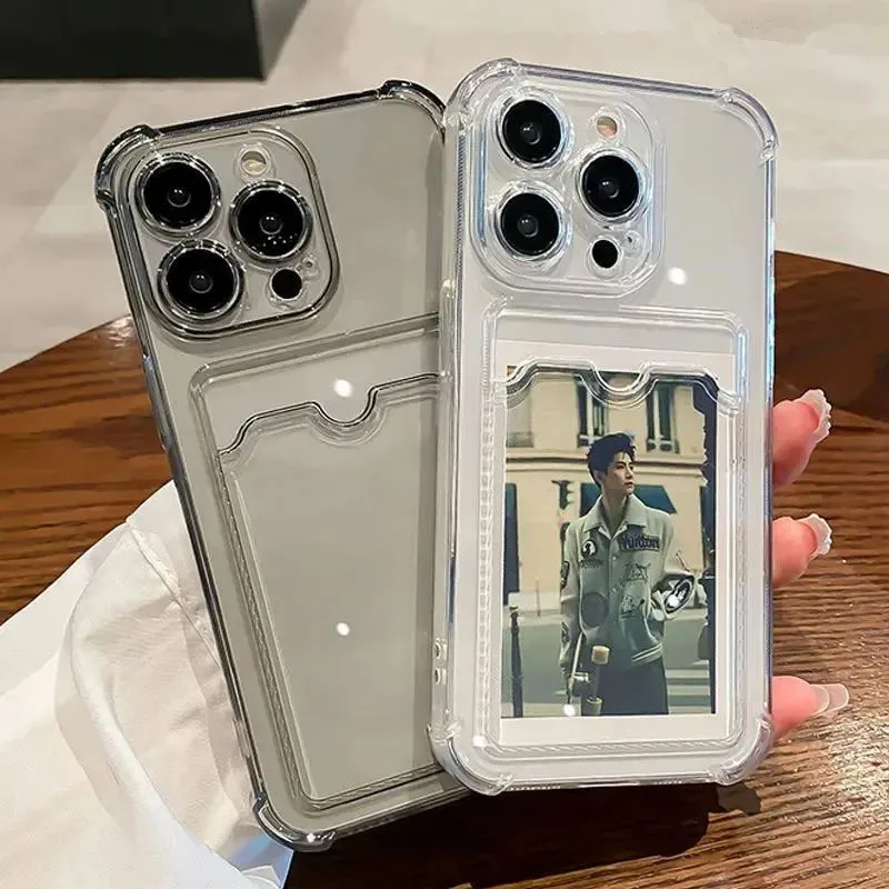 Transparent Card Slot Bag Holder Case For iPhone 11 12 13 14 15 Pro Max X XR XS 7 8 Plus SE 2 Clear Shockproof Soft Wallet Cover