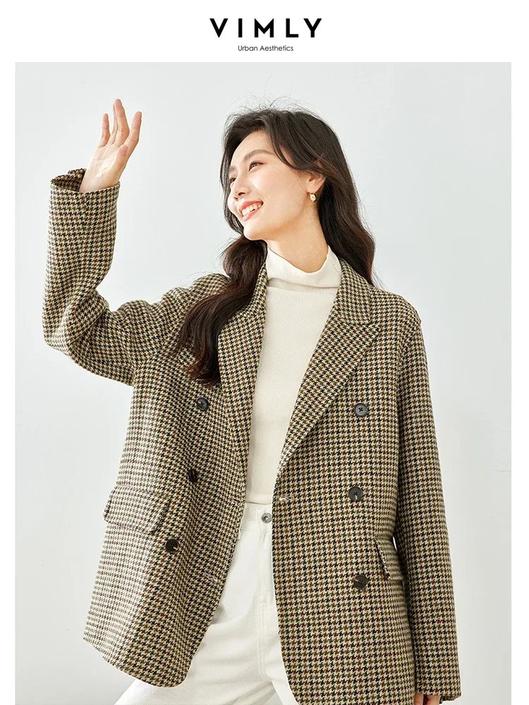 Vimly Vintage Plaid Wool Blend Coat Women 2023 Winter Office Lady Double Breasted Tailored Blazer Thick Warm Woolen Jacket 50723