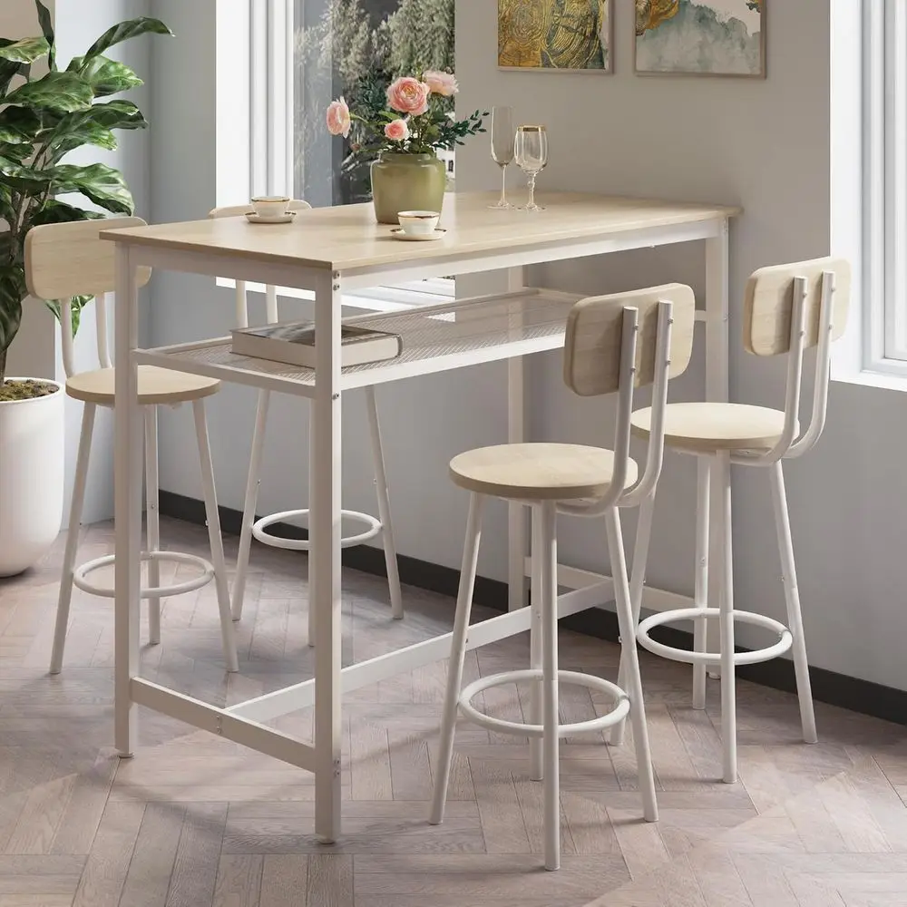 5-Piece Counter Height Dining Set: Sturdy Metal Table with Storage and 4 Chairs, Ideal for Kitchen, Dining, or Bar in White Oak