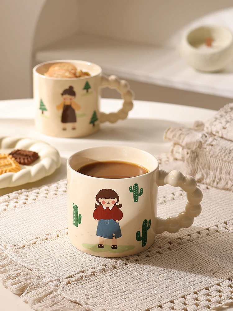 Cute Ceramic Mug Dress Girl Series Cartoon Print Pearl Handle Coffee Cup Set Cafe Breakfast Water Cups Friend Gift Home Decor