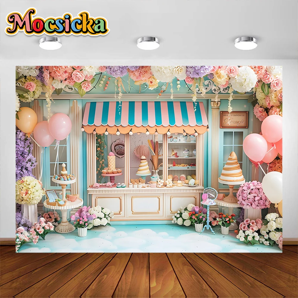 Mocsicka Ice Cream Photography Background Candy Store Party Decoration Supplies Cake Smash Kids Birthday Backdrops Studio Props