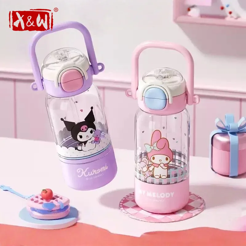 X&W Sanrio Summer Cool Drink Cartoon Straw Cup with Pop Up Lid and Carrying Rope Leak Proof Sports Water Bottle Children's Gift