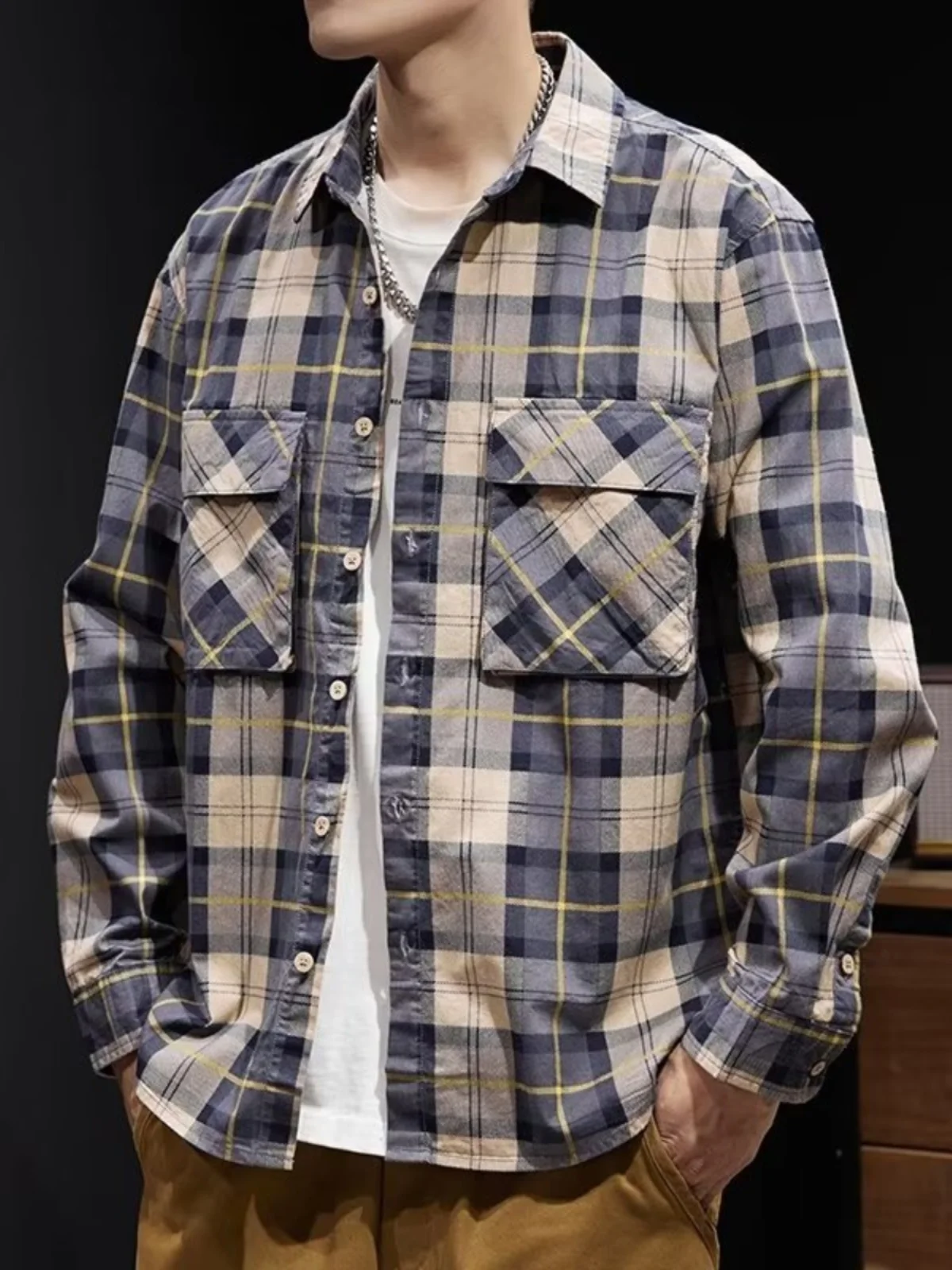 

Men's Casual Plaid Long Sve irt Jaet Autumn Spring Briti Sle Workwear Stand Fit Youth Faion Button Detail