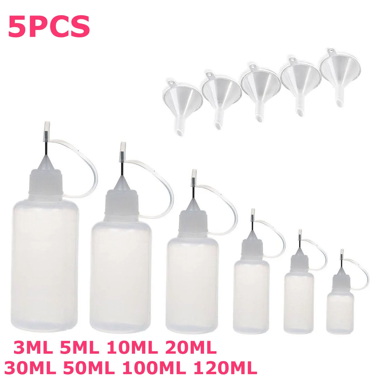 

5PCS X 5ML-120ML Plastic Empty Squeezable Dropper Bottles Glue E Liquid Juice Containers with Steel Needle Tips + Mini Funnels