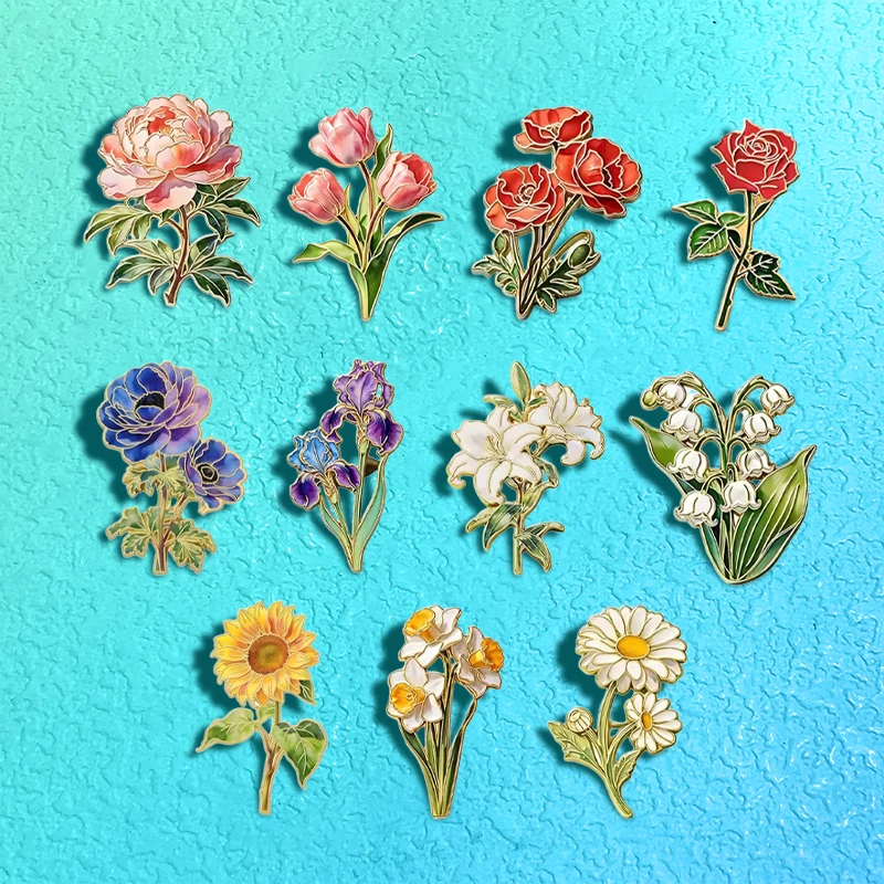 Pretty Cartoon Flowers Pins 11-design Enamel Orchid Tulip Daisy Lily Rose-flower Metal Plants For Clothes Backpack Badge Gifts