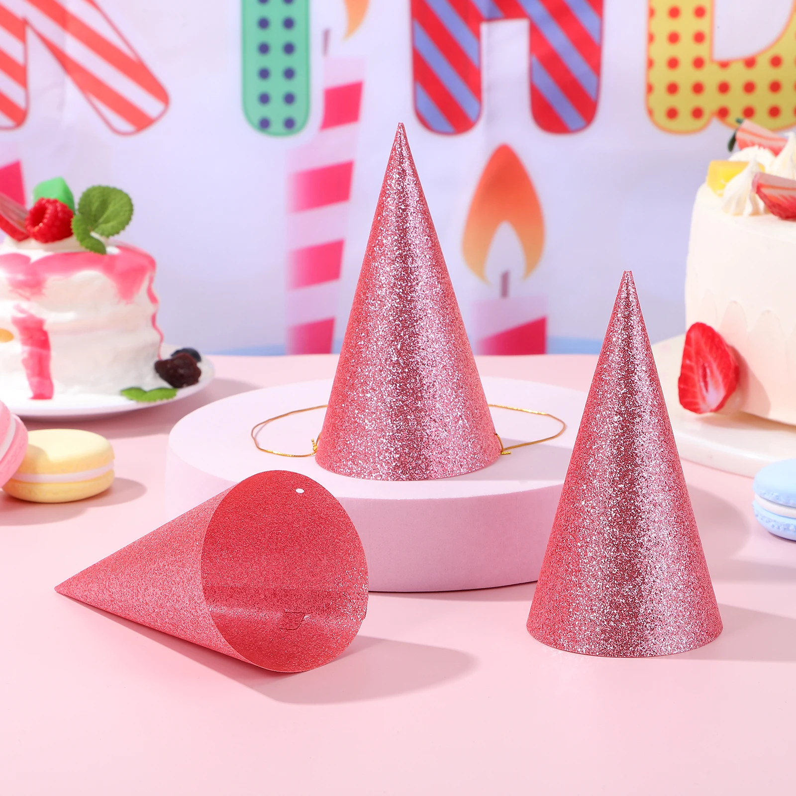 

12pcs Birthday Hats Glitter Cone Kids Party Toddler Pink Decorative Crown Adults Festive DIY Decoration