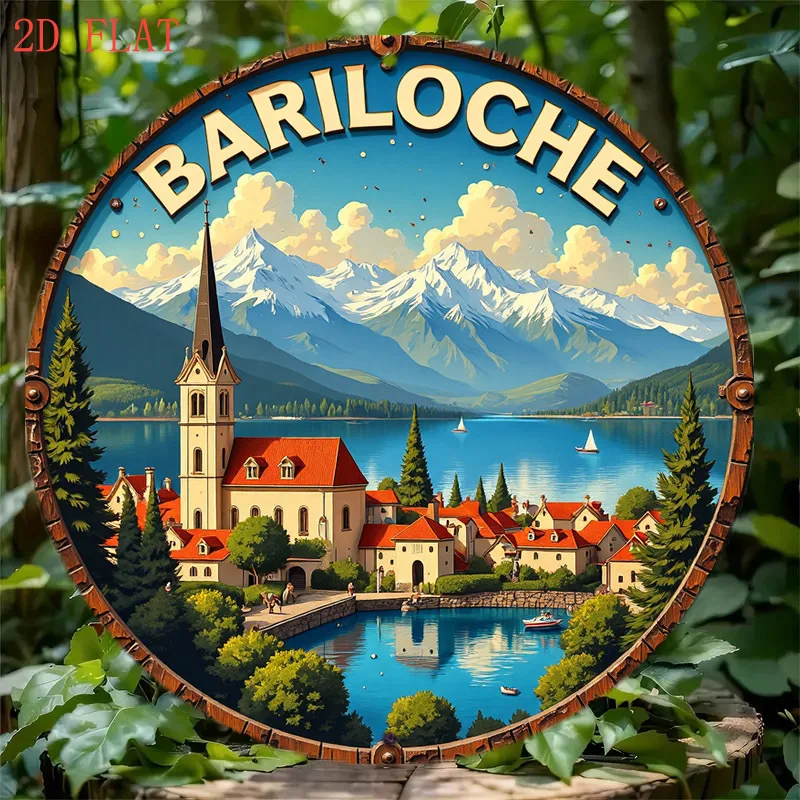 Letrero Metálico 2D Bariloche Vintage, Letrero de Metal con Diseño de Lago Alpino y Montaña, Arte Mural Escénico de Patagonia, Decoración Retro para el Hogar, Cafetería, Bar, Regalo