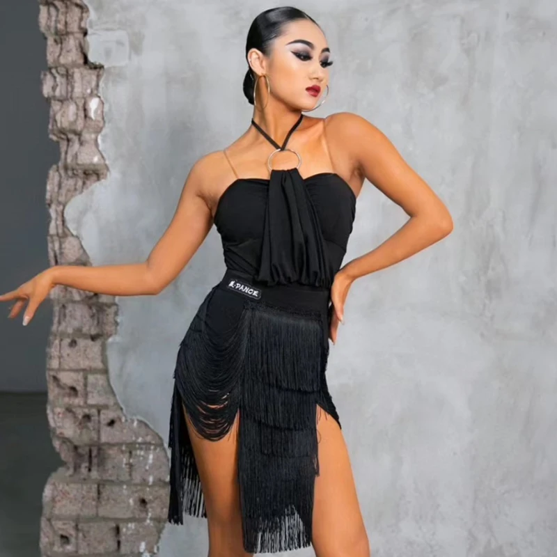 New Latin Dance Clothes Women Black Dress Cha Cha Rumba Sambce Performance Sotume Halter Neck Tops Tassel Skirt Sexy Dress 18690