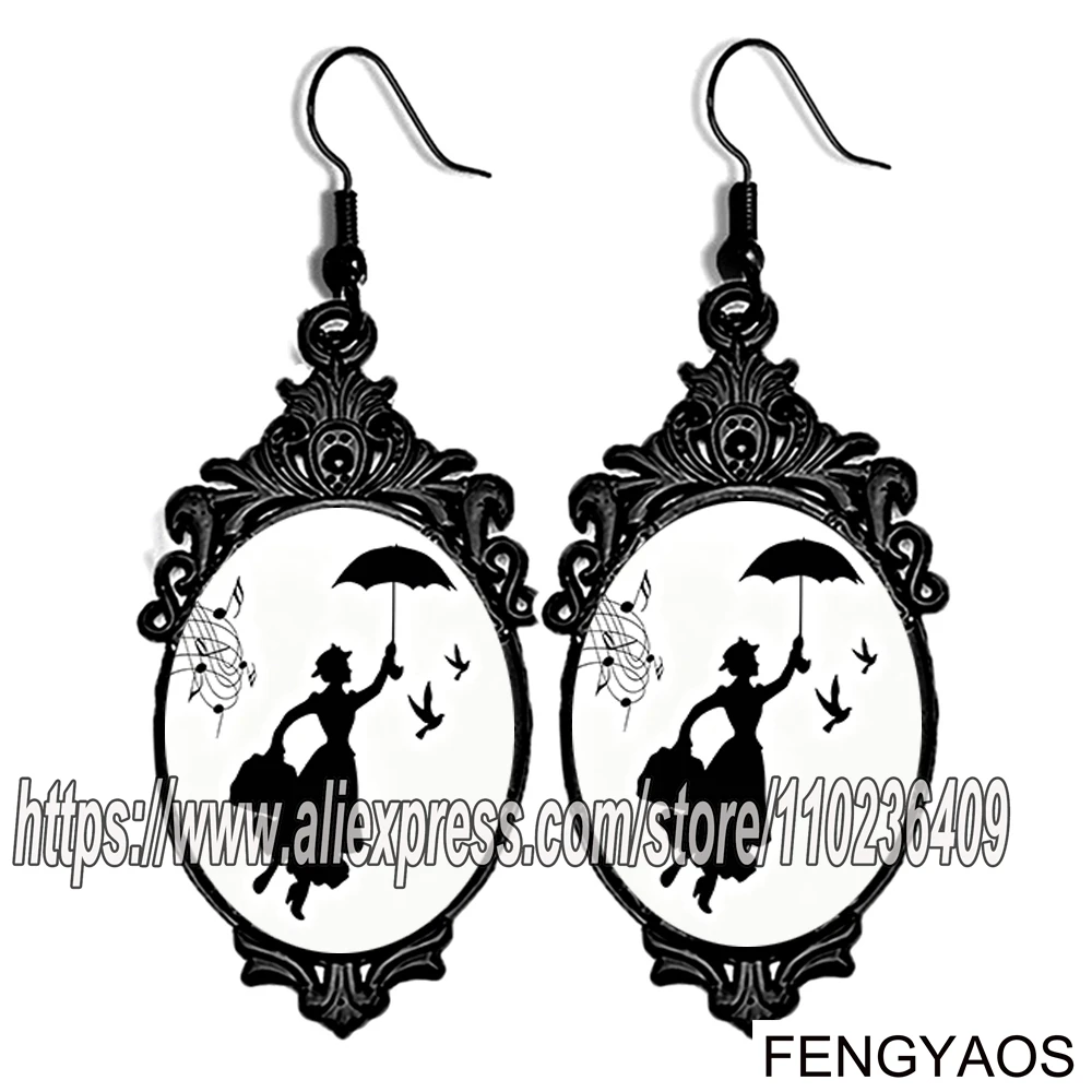 New Black Mary Poppins Dangle Earrings for Women The Girl Flying with An Umbrella Earring Dress Accessories Jewelry Gifts