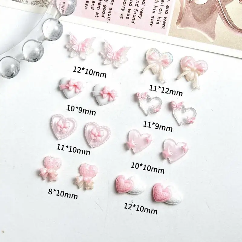 30 Uds. De dijes para decoración de uñas de doble corazón, mariposa, serie rosa, lazo translúcido luminoso, estrella de cuatro puntas, decoraciones de resina para uñas DIY