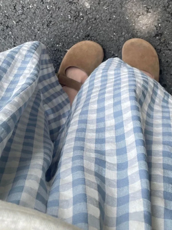 Pantaloni larghi a gamba larga da donna scozzesi bianchi blu casual estivi di piccole dimensioni a vita alta pantaloni casual a nove punti per donna