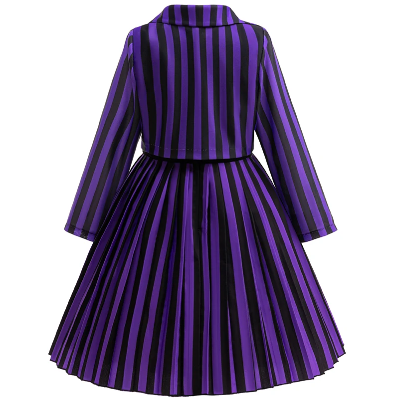 Girls Party Dresses Halloween Cosplay Costume Wednesday Family Girl Costume Purple Stripe Coat+Dress 2Pcs Set Carnival Dress