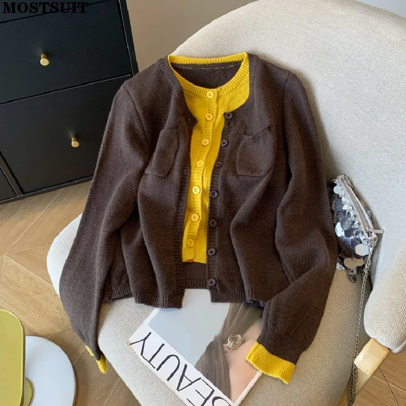 

Fake 2 Pieces Stylish Sweater Cardigan Women Vintage Fashion Loose Ladies Knitwear Tops Long Sleeve O-neck Chic Jumpers 2025