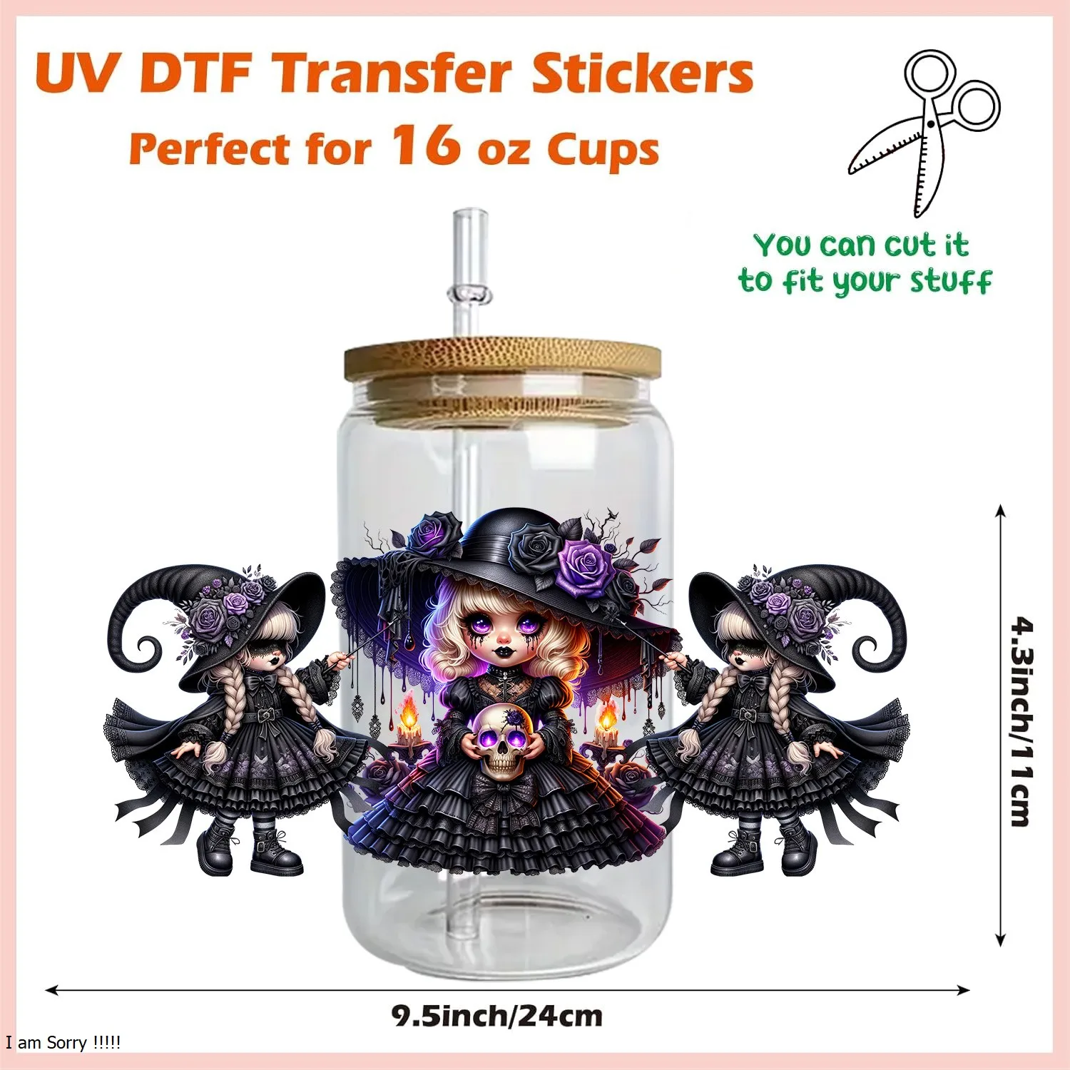 Witch series Easy peel waterproof DIY Decals 3D transfers uvdtf crystal stickers 16oz uv dtf cup wraps for Glass