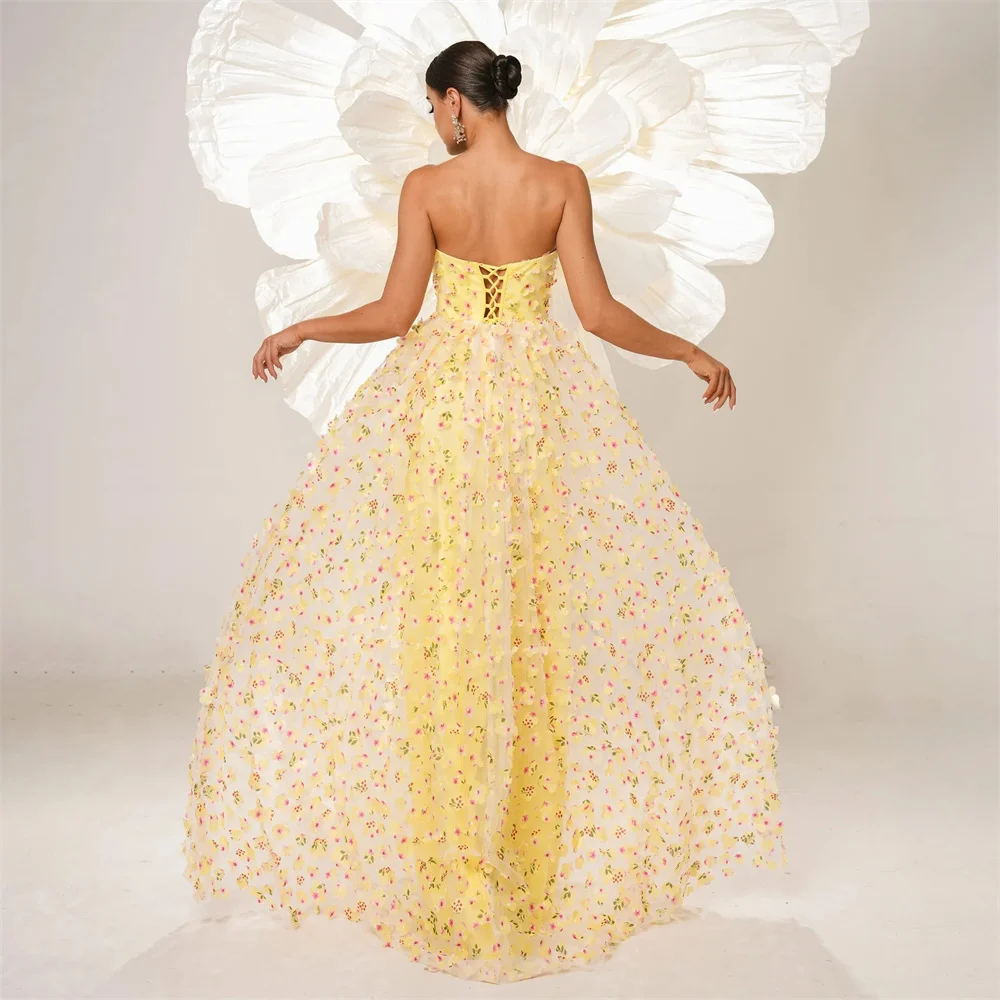 Luxury Mesh Three-Dimensional Flower Yellow Party Long Evening Gown Sexy Strapless Backless Birthday Dress