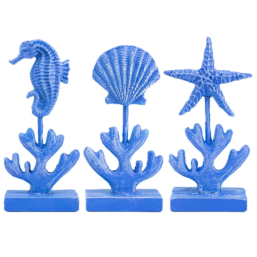 

3Pcs Blue Resin Sea Star Decor Realistic Sea Horse Shell Ornament Mediterranean Style Household Desktop Resin Ocean Landscape