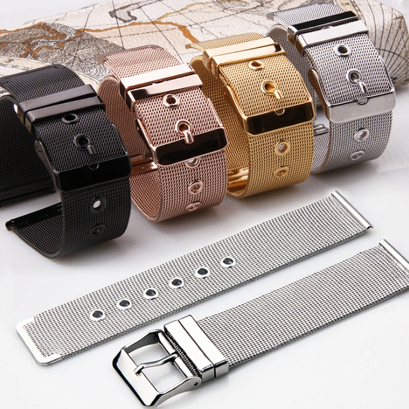 Stainless Steel Watch Band 14mm 16mm 18mm 20mm 22mm 24mm Metal Wristband Bracelet Adjustable Fashion Lightweight Watch Belt