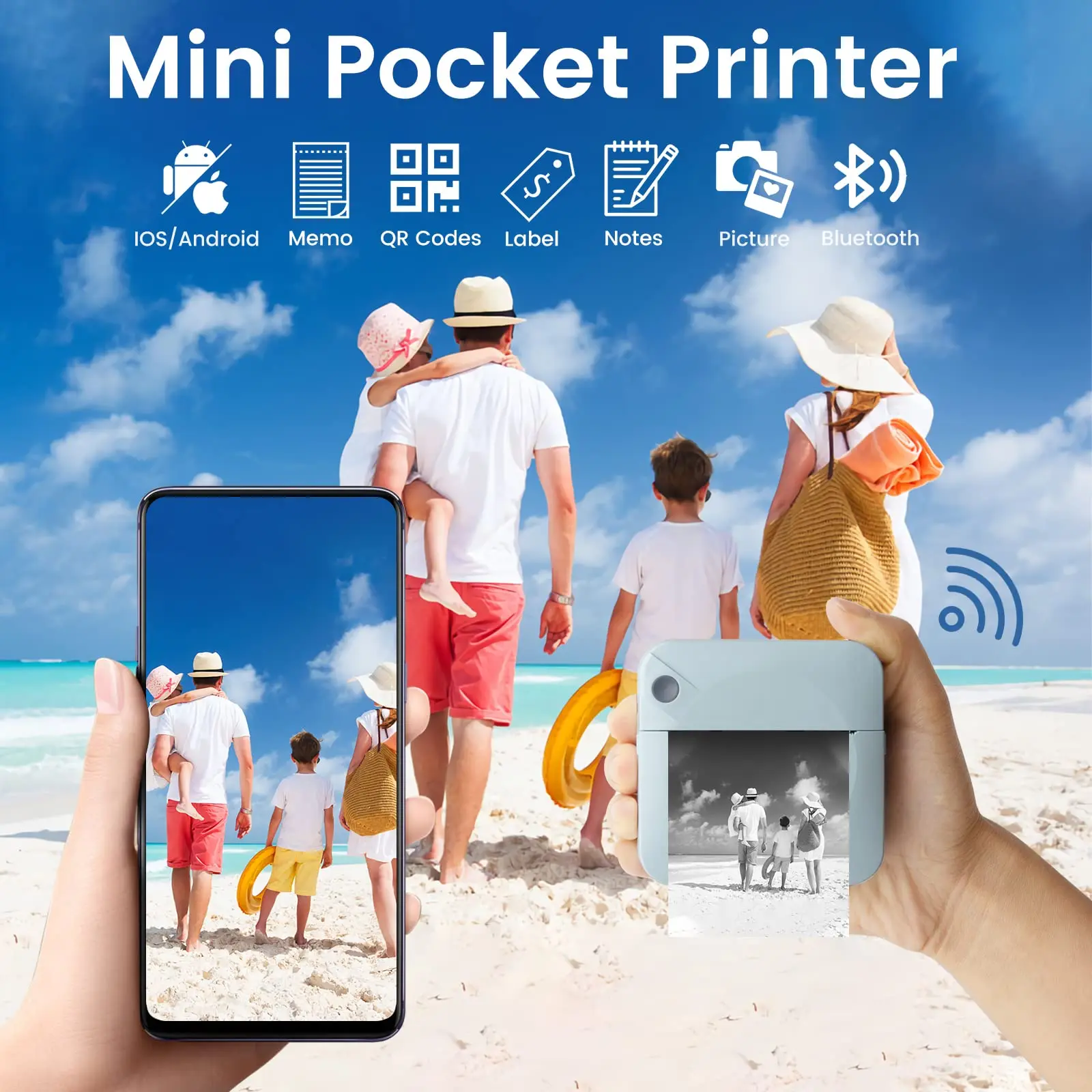 

Mini Pocket Printer,Portable Thermal Printer for Sticker,Label,Text Memo,Receipt,Photo Printers,203 DPI,BT Inkless Gift Printing