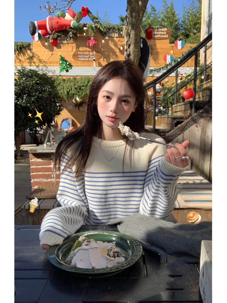 

Peaceonesoul корейский шерстяной круглый полосатый вязаный свитер женский зимний свободный внутренний свитер повседневный свободный крой вязаный топ