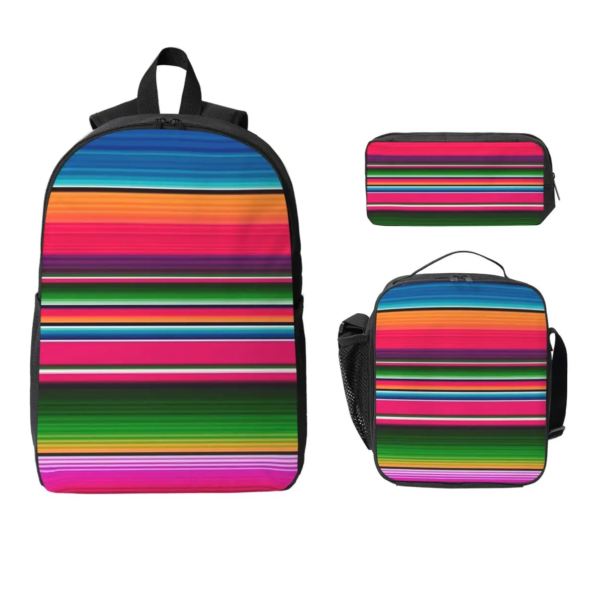 

Mexican Blanket Striped Fiesta Serape Backpack Boys Girls BookBag School Bag Shoulder Bags 3ps Insulated Lunch Bag Pencil Case
