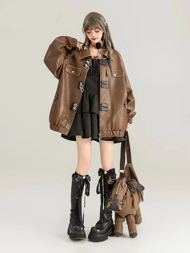 Mauroicardi Spring Cool Distressed Washed Brown Faux Leather Jacket Women Loose Runway Fashion 2025 Japanese Style Retro Clothes