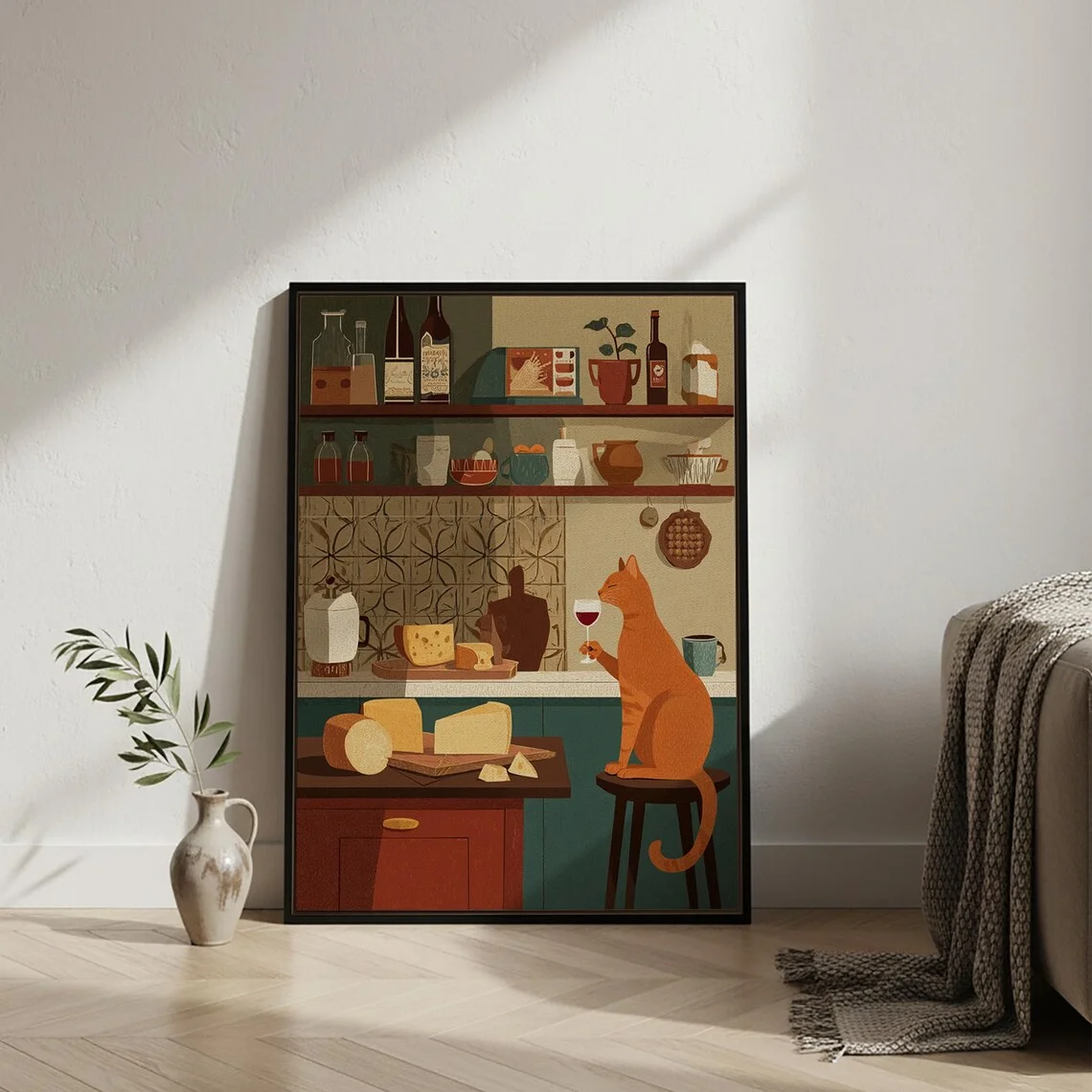 Cat in Kitchen Canvas Wall Art, Cozy Wine and Cheese Illustration, Cute Cat Bar Scene Artwork, Modern Kitchen Framed Canva De