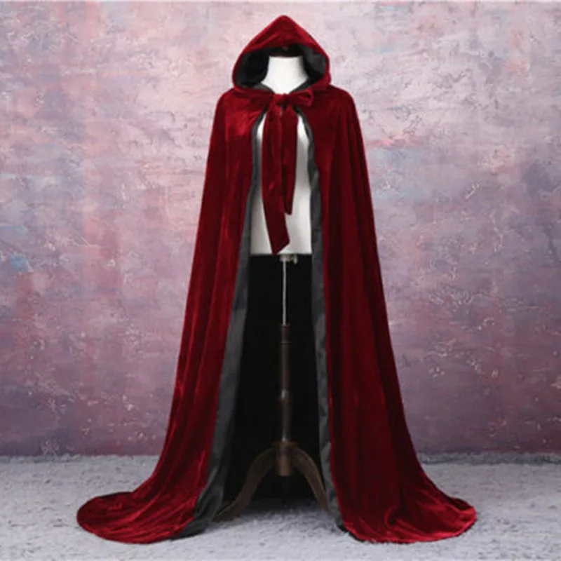 Wine red black velvet hooded cloak wedding cape Halloween wicca robe coat Stock bridal shawl medieval cloak