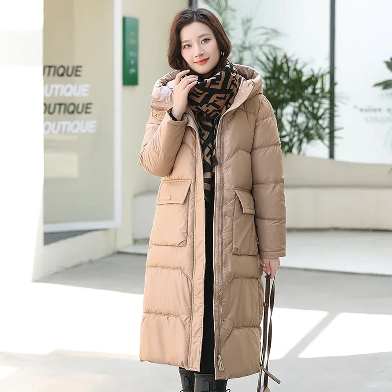 Winter New Cotton-padded Women's Large Pocket Long Over The Knee Bright Leather Bread Coat Padded Coat Thick Coat