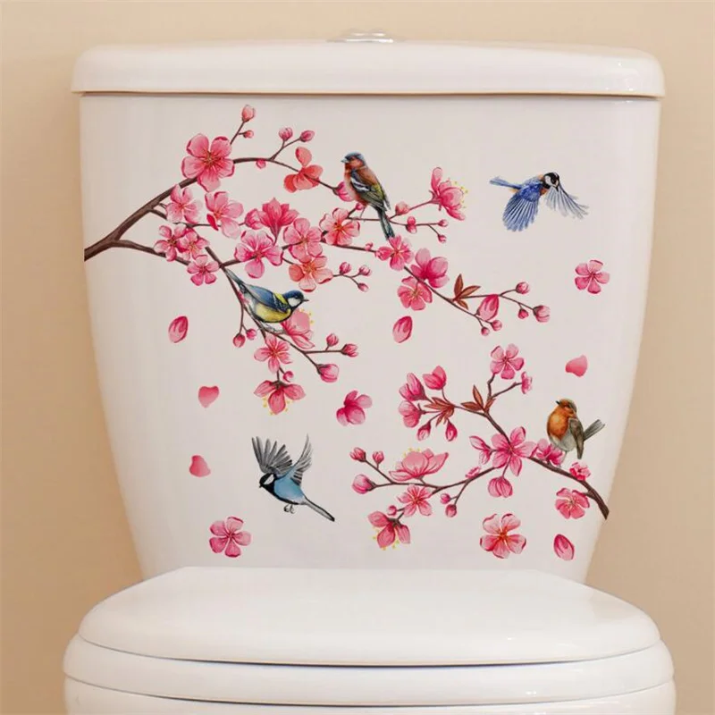 Pink Flower & Bird Branch Wall Decal Stickers Self-Adhesive Vinyl Mural for Girl's Bedroom Home Toilet Decorative Art