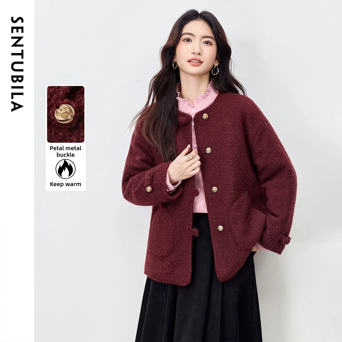 SENTUBILA manteau matelassé femme 2025 hiver col rond bouton en métal en forme de fleur coupe ample décontracté chaleur vêtements d'extérieur 154WJ4029