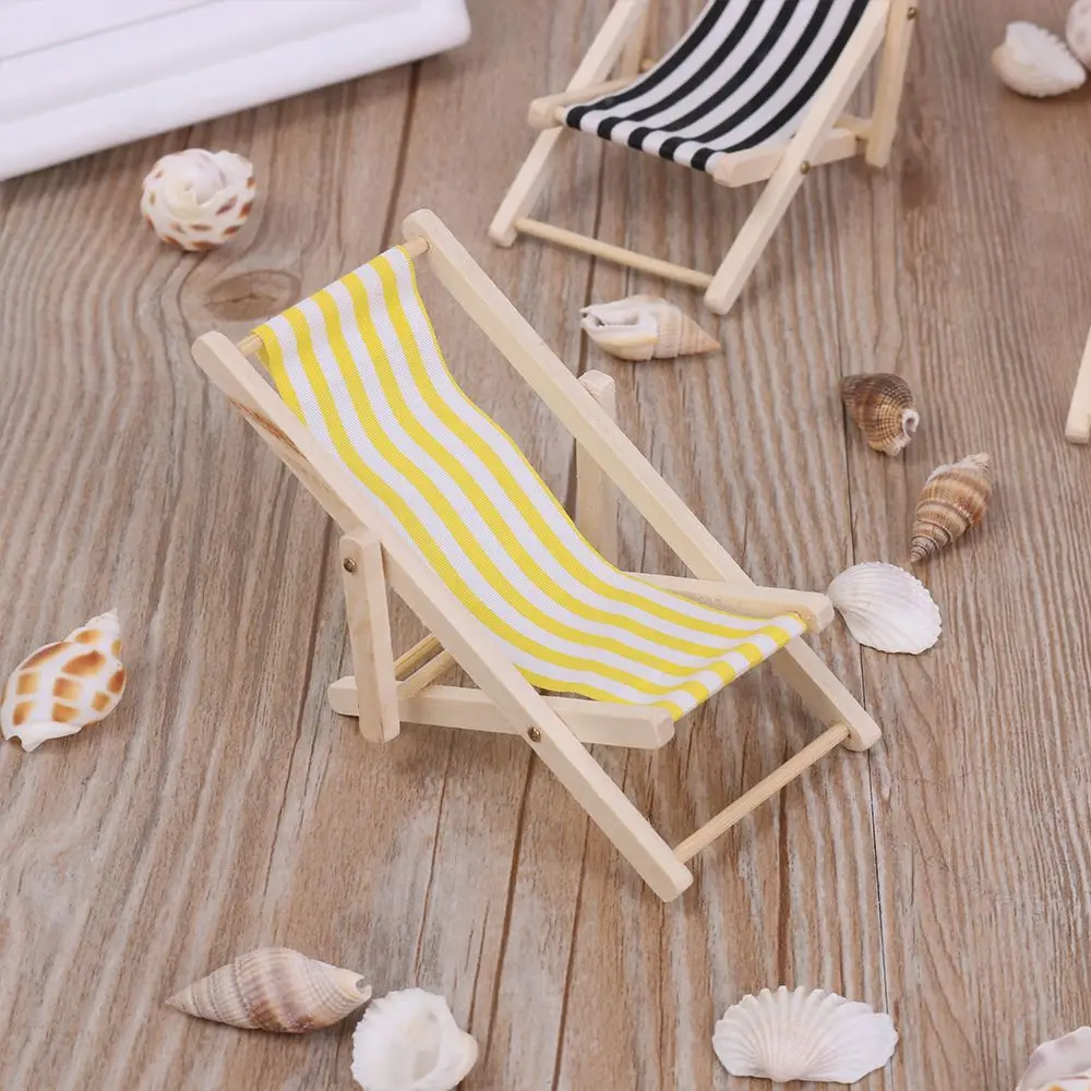 Wooden Lounge Chair Striped for 1/12 Dollhouse Miniature Furniture Beach Chair Folding Stripe Deck Doll House Garden Decor