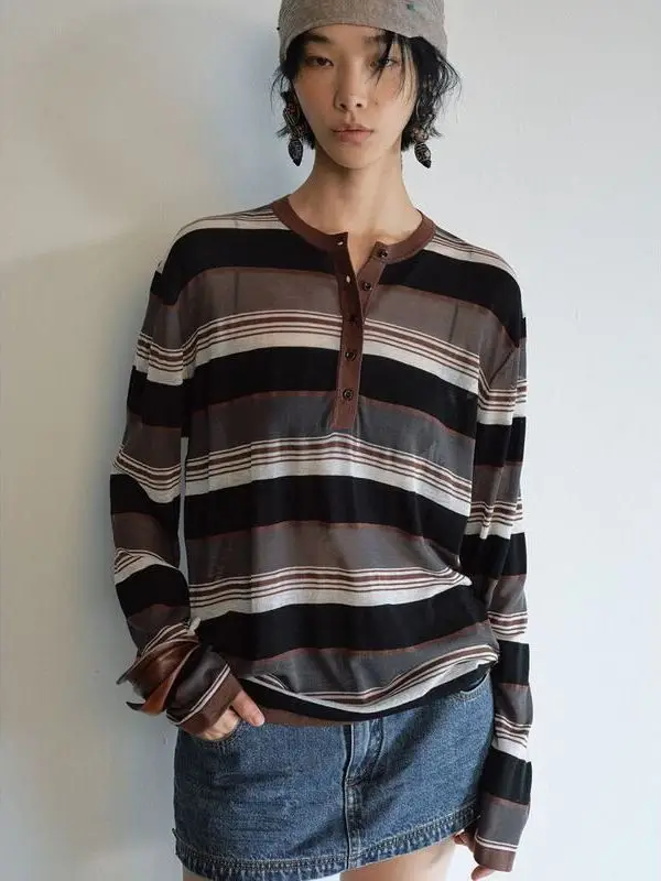 

Hello September Women's Long Sve Knitted Henry irt V-Ne Loose Fit Light Weight Breathable Lyocell Fiber Top