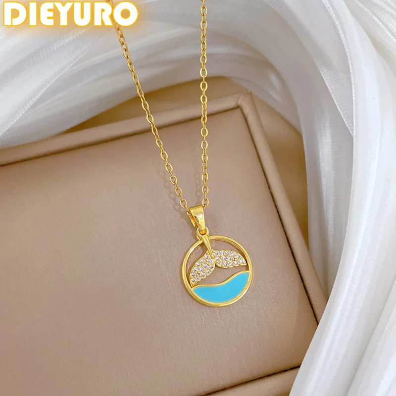 DIEYURO 316L Stainless Steel Blue Ocean  Fish Tail Zircon Pendant Necklace For Women New Fashion Trend Neck Chain Jewelry Gift