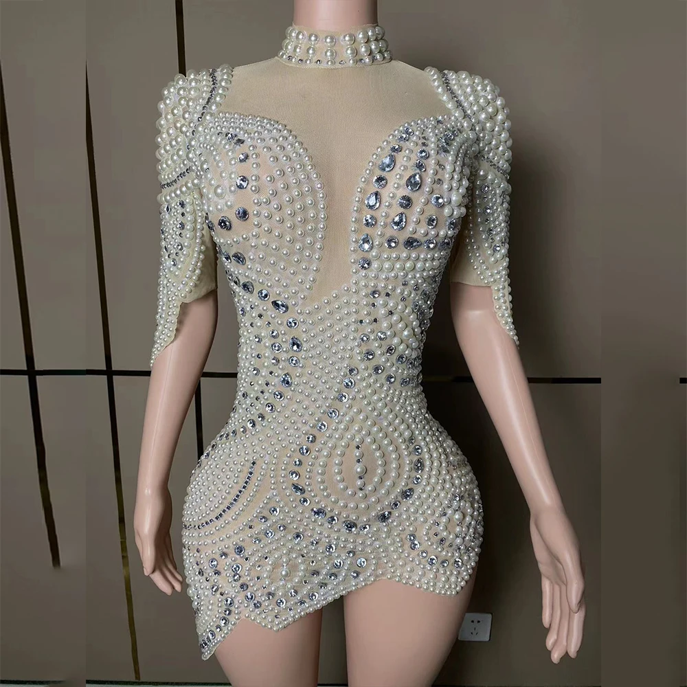 Customized Sexy Gauze Hollow Out Lace Pearl Transparent High Elastic Sequins Tight Dress Birthday Party  Dress Performance Dress