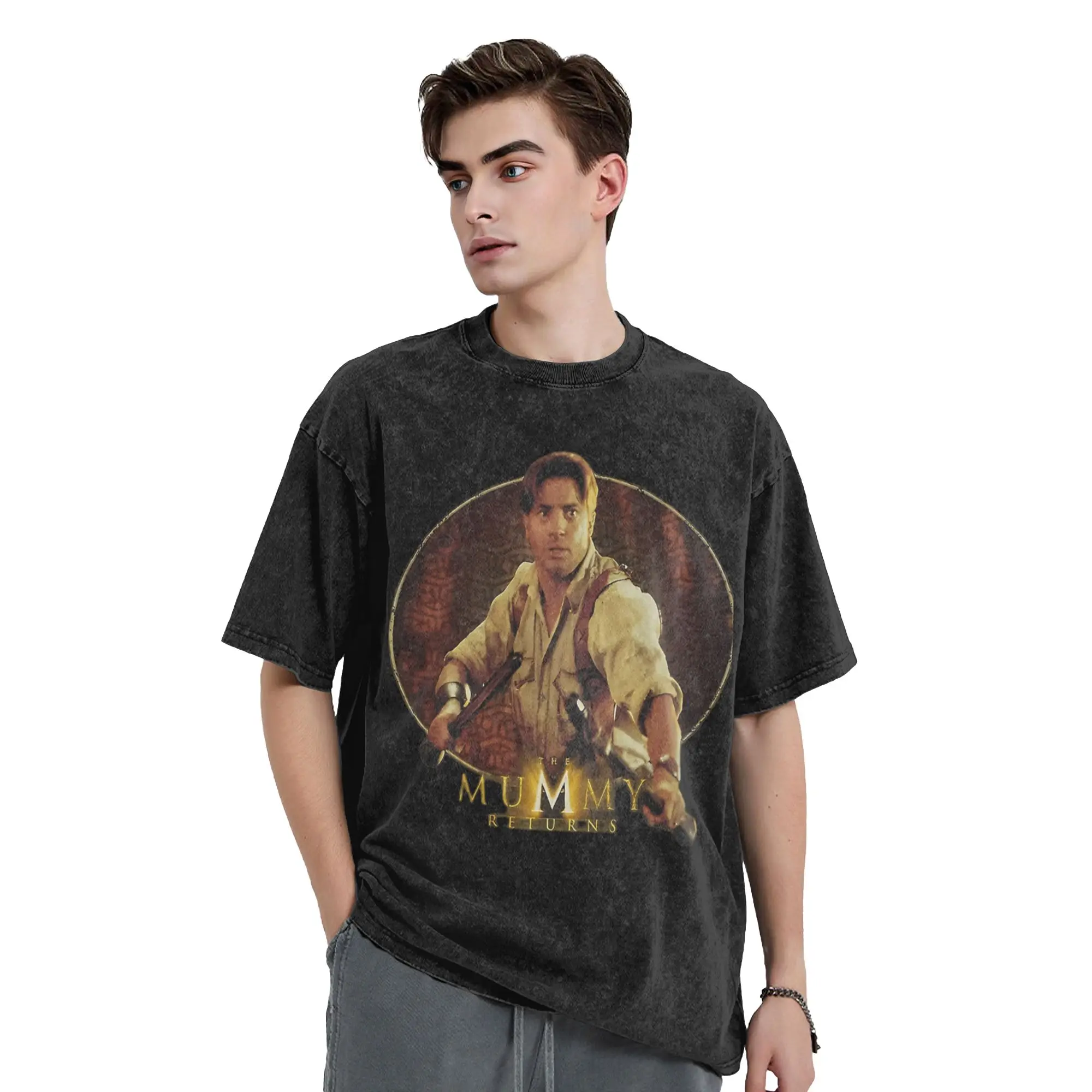 Print Action Funny The Mummy Movie Vintage  Horror Washed T Shirt Men's 100%Cotton Short Sleeve  Round Neck Summer Tops